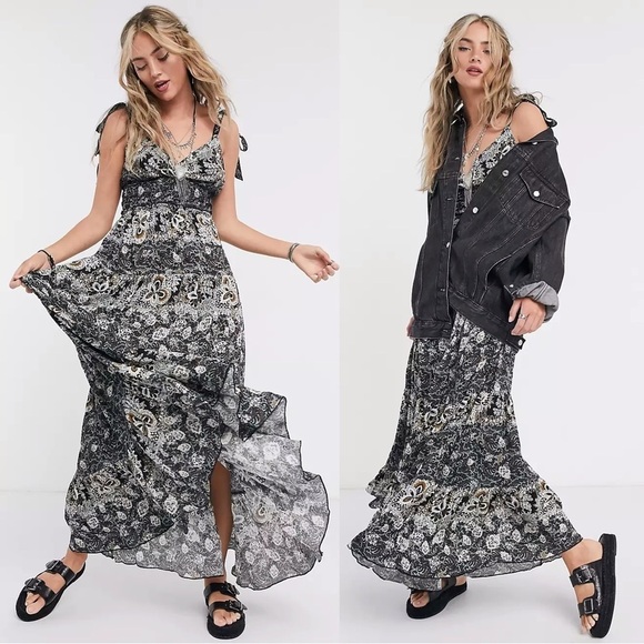 Free People • Let's Smock About It Maxi Slip dress black floral print tiered - Picture 1 of 15